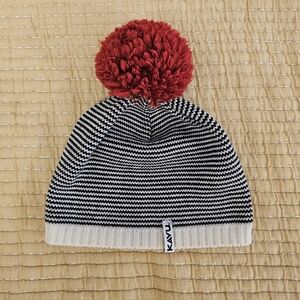 KAVU Bronwyn Merino Wool Striped Knit Beanie with Red Pom Pom Unisex Lightweight